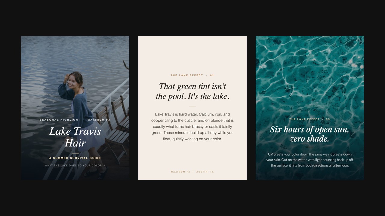 Three slides from the Lake Travis Hair Instagram carousel: the cover, the green tint slide and the open sun slide