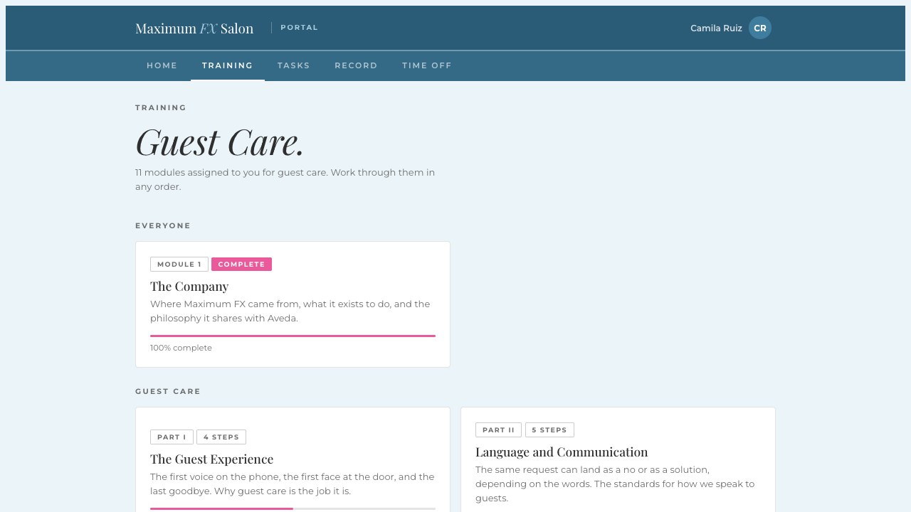 The guest care training modules in the Maximum FX Portal